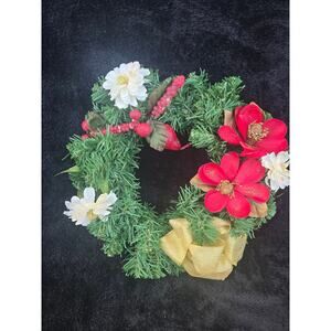 Holiday Wreath 12" Artificial Evergreen Red Flowers Gold Ribbon Door Decor